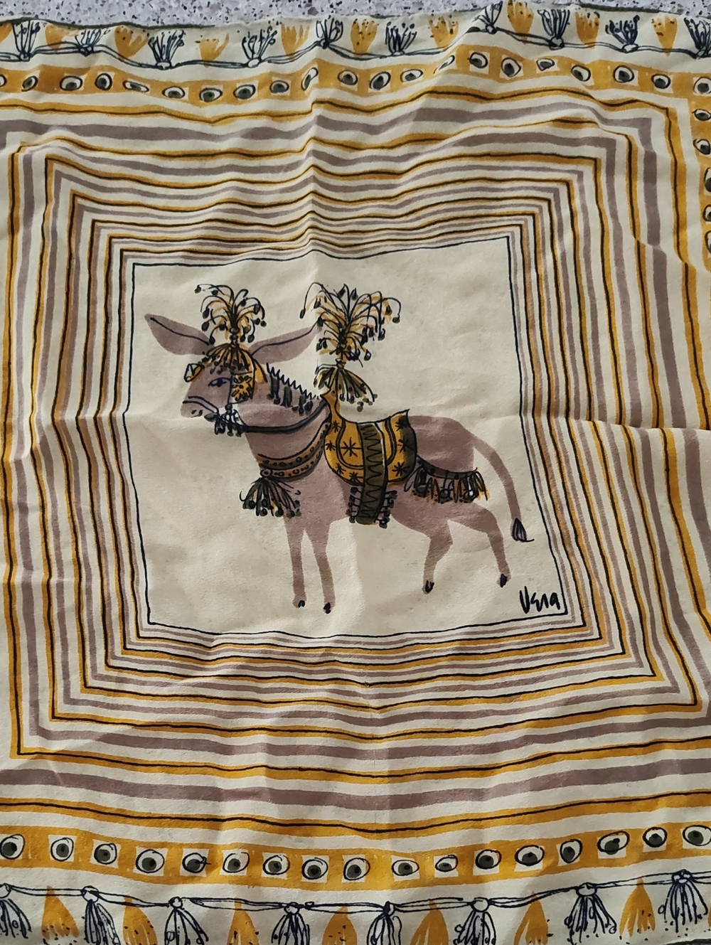 Silk Women's Scarf in Cream and Mustard with Donkey Motif